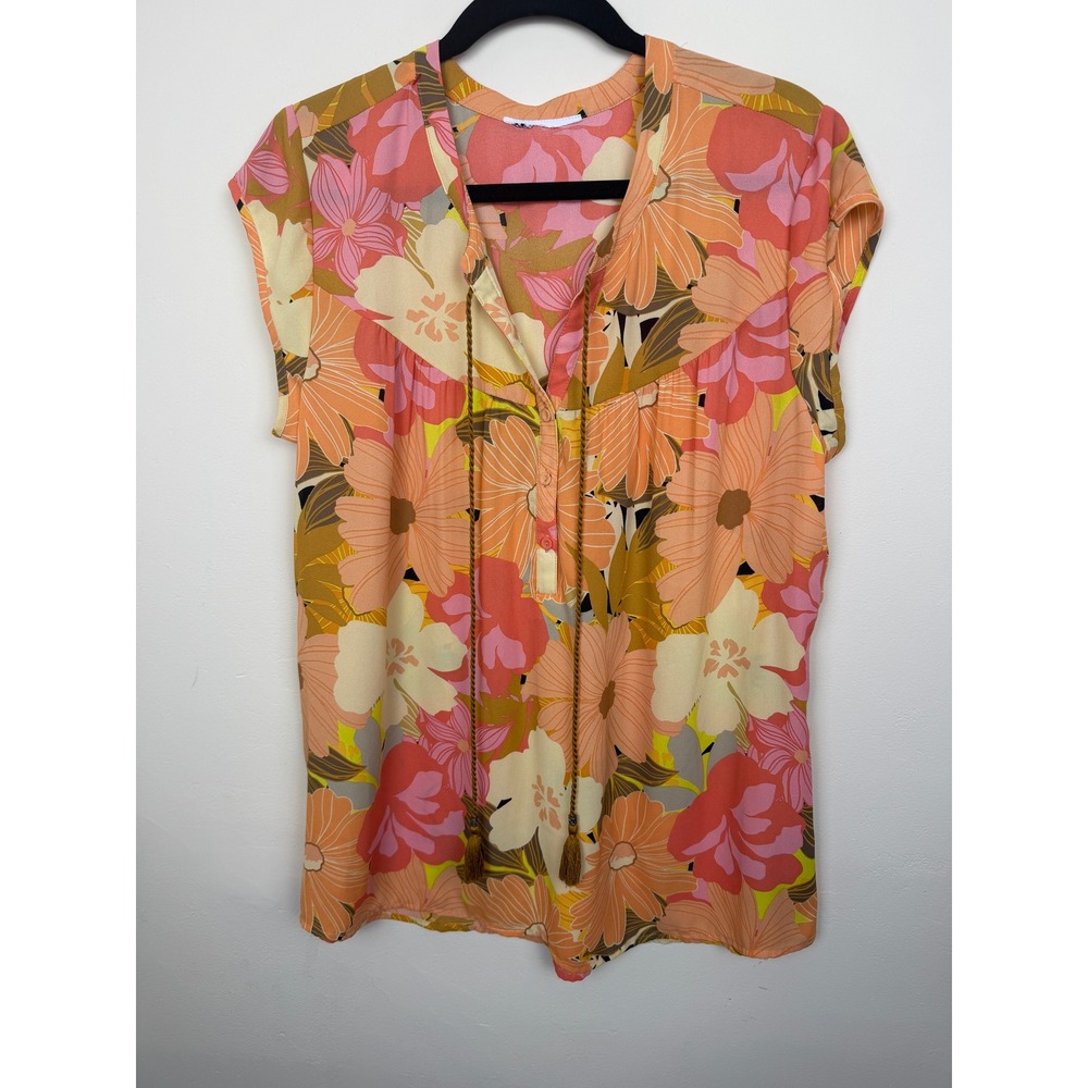 XL Orange Pink Retro Boho Babydoll Floral Tassel V Neck Short Sleeve